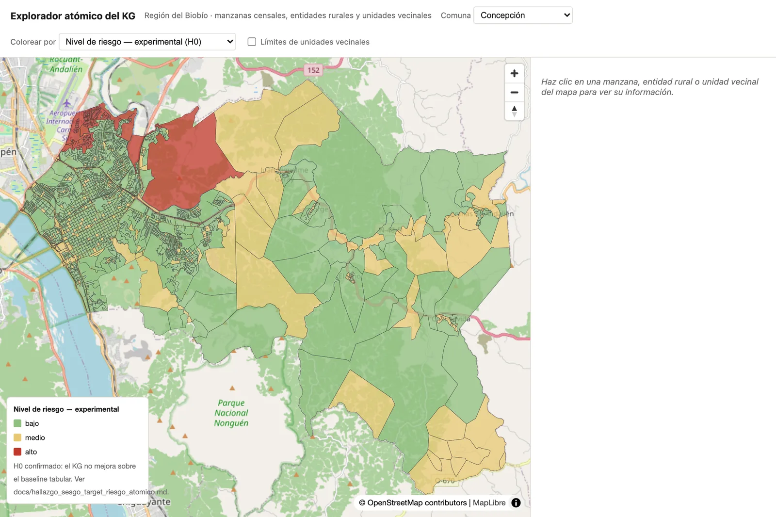 Mismo mapa de Concepción coloreado por nivel de riesgo experimental (bajo, medio, alto), con la nota de transparencia sobre el veredicto H0 visible en la leyenda.