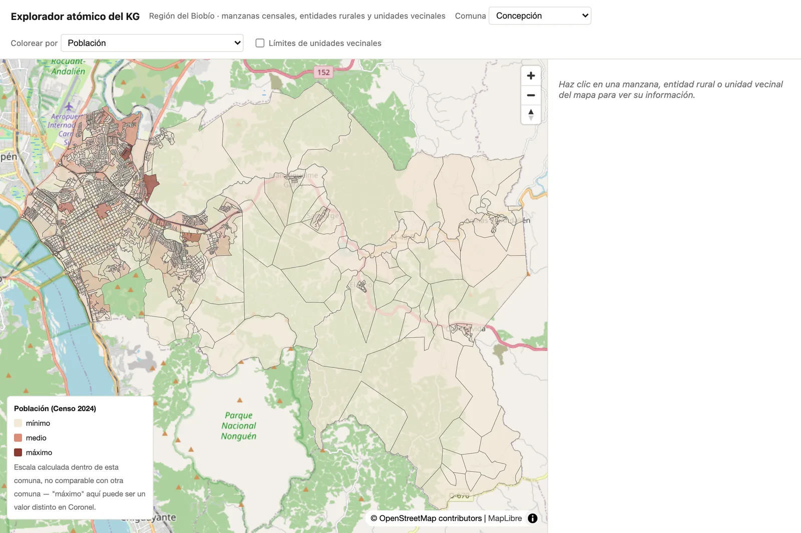 Mapa del explorador atómico mostrando Concepción coloreada por población, con la comuna completa fitteada en el visor y el panel lateral listo para mostrar el detalle de una unidad al hacer clic.